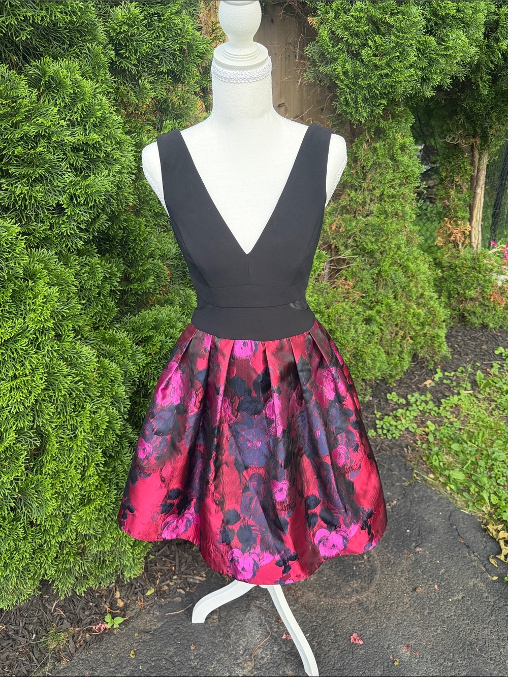 Black V-Neck Fit-and-Flare Dress with Magenta Floral Skirt